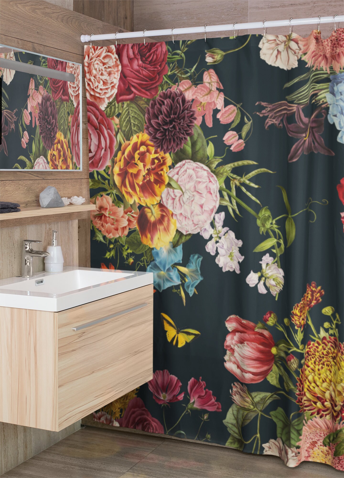 Vintage Style Floral Shower Curtain - Botanical Bathroom Curtain with Retro Decor - Image 2