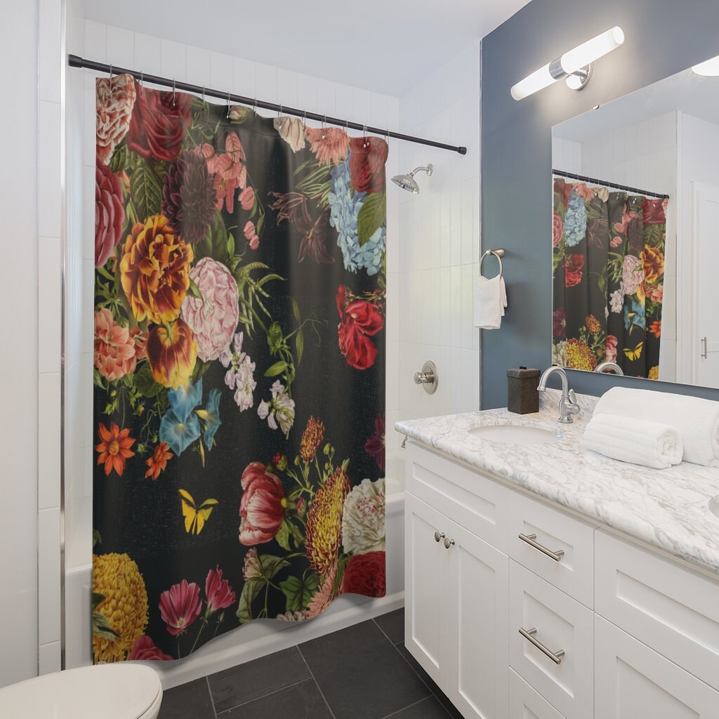 Vintage Style Floral Shower Curtain - Botanical Bathroom Curtain with Retro Decor - Image 4