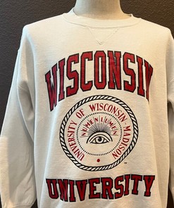 Vintage Style Wisconsin University White Crewneck Sweatshirt with vintage ncaa shirts
