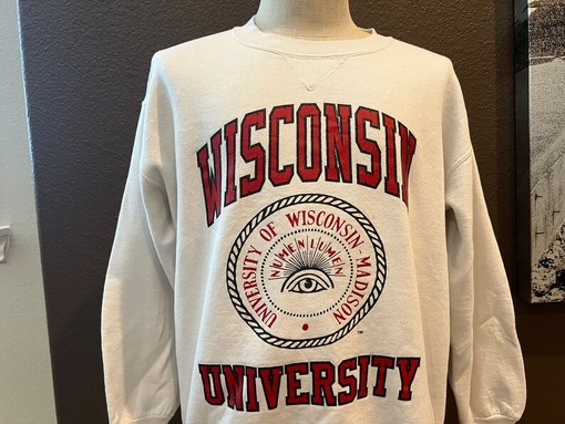 Vintage Style Wisconsin University White Crewneck Sweatshirt with vintage ncaa shirts