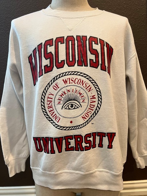 Vintage Style Wisconsin University White Crewneck Sweatshirt with vintage ncaa shirts - Image 2