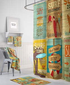 Vintage Surfer Advertising Shower Curtain | Beach Theme Bath Decor | Retro Optional Towels & Mat