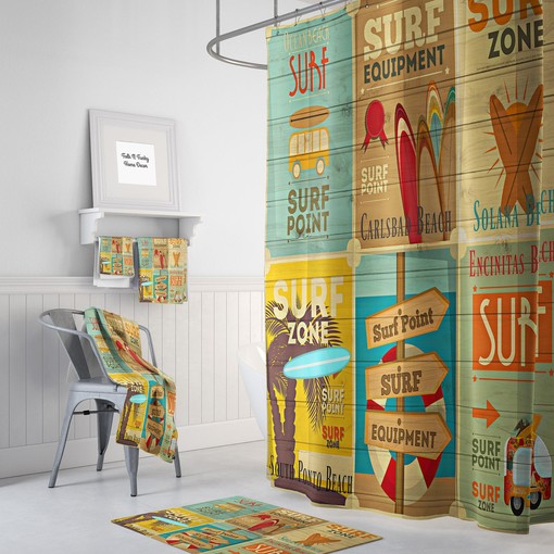 Vintage Surfer Advertising Shower Curtain | Beach Theme Bath Decor | Retro Optional Towels & Mat