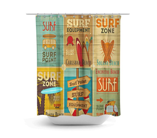 Vintage Surfer Advertising Shower Curtain | Beach Theme Bath Decor | Retro Optional Towels & Mat - Image 2