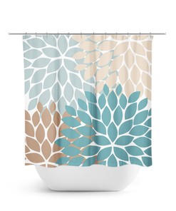 Vintage Teal Beige Blue Floral Shower Curtain | Brown Teal Bath Decor with Fabric Material
