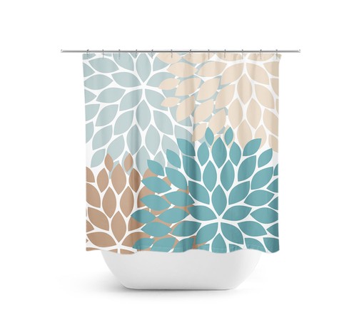 Vintage Teal Beige Blue Floral Shower Curtain | Brown Teal Bath Decor with Fabric Material