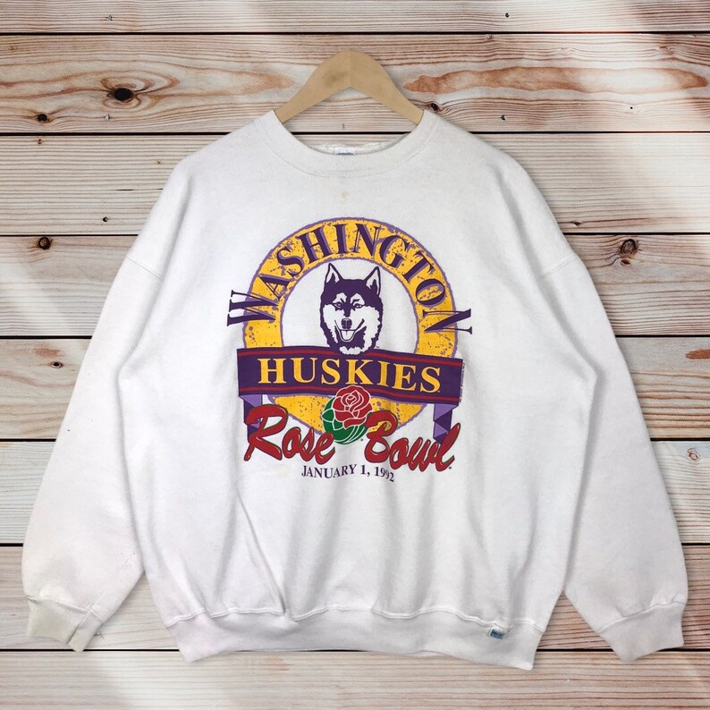 Vintage UW Huskies Sweater, University of Washington Crewneck Sweatshirt Printed Spell Out Big Logo Rose Bowl