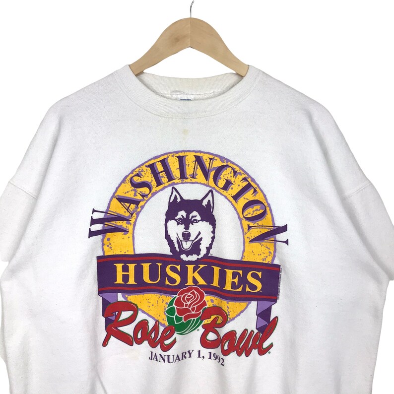 Vintage UW Huskies Sweater, University of Washington Crewneck Sweatshirt Printed Spell Out Big Logo Rose Bowl - Image 2