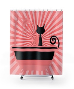Vintage Vibes Black Cat in Tub Mid Century Modern Shower Curtain for a Fun Look