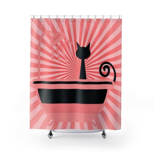 Vintage Vibes Black Cat in Tub Mid Century Modern Shower Curtain for a Fun Look - Image 2