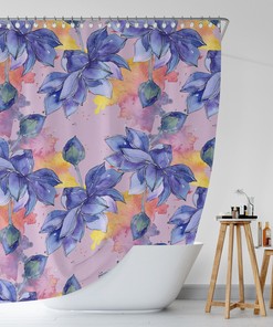 Vintage Watercolor Blue Lotus Flower Shower Curtain | Pink Floral Bath Decor with Quotes