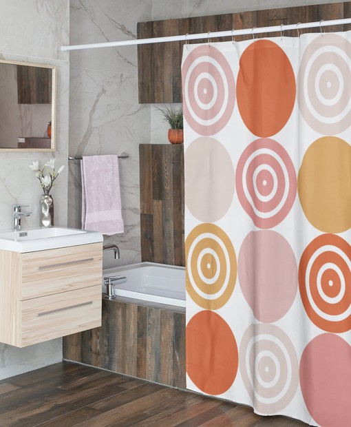 Vintage Yellow, Pale Pink, and Cream Retro Shower Curtain with Circle Accents for a Chic Vintage Bathroom - Image 3
