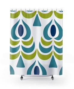 Vintage-Inspired Peacock Scandinavian Teal/Blue/Lime Green Mid Modern Shower Curtain with a Modern Twist