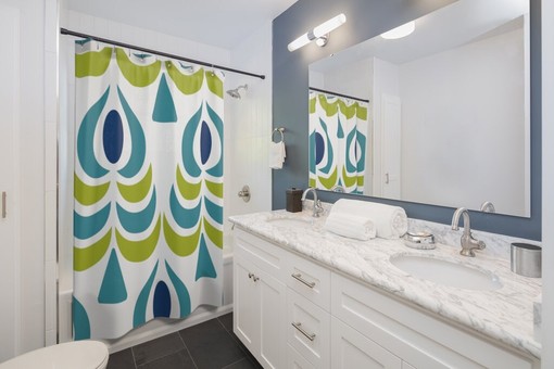Vintage-Inspired Peacock Scandinavian Teal/Blue/Lime Green Mid Modern Shower Curtain with a Modern Twist - Image 2