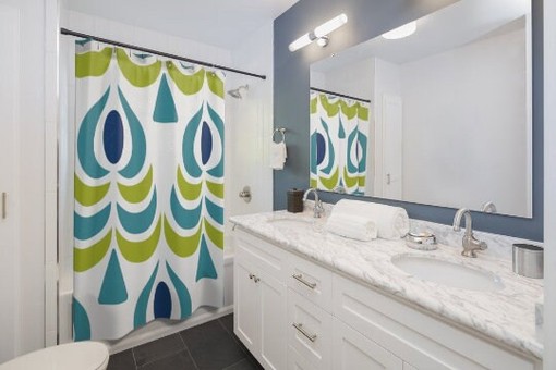 Vintage-Inspired Peacock Scandinavian Teal/Blue/Lime Green Mid Modern Shower Curtain with a Modern Twist - Image 4