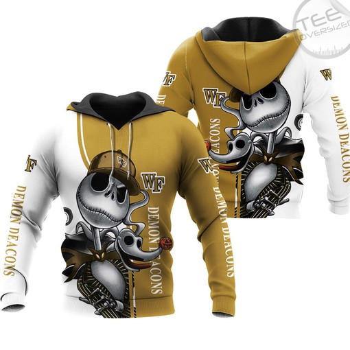 Wake Forest Demon Deacons All Over Print 3D Zip-Up Hoodie with Jack Skellington and Zero for Women