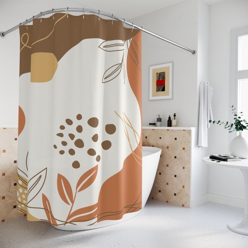 Warm Earth Tones Farm Leaves Shower Curtain, Lakehouse Tropical Contemporary Abstract Art in Customizable Sizes