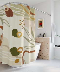 Warm Earth Tones Farm Shower Curtain, Lakehouse Leaves Design, Contemporary Abstract Art Curtain
