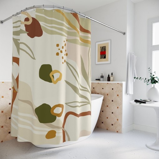 Warm Earth Tones Farm Shower Curtain, Lakehouse Leaves Design, Contemporary Abstract Art Curtain