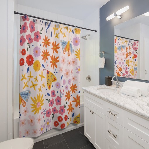 Warm Flower Butterfly Shower Curtain for a Spring Art Bathroom - Delightful and Soothing Bathroom Decor - Image 2