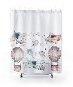 Watercolor Airplanes and Balloons Print Shower Curtain for Children's Bath Decor