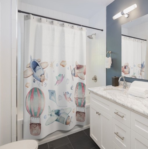 Watercolor Airplanes and Balloons Print Shower Curtain for Children's Bath Decor - Image 2