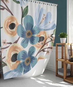 Watercolor Blue Floral Shower Curtain, Customizable Size, Botanical Leaves Print