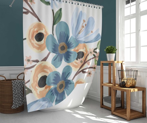 Watercolor Blue Floral Shower Curtain, Customizable Size, Botanical Leaves Print