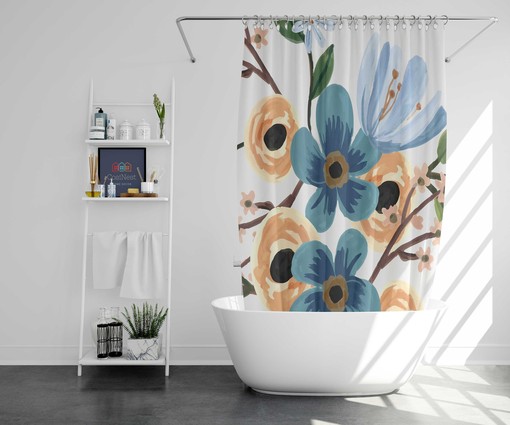 Watercolor Blue Floral Shower Curtain, Customizable Size, Botanical Leaves Print - Image 2