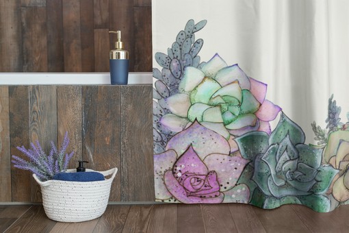 Watercolor Botanical Succulent Shower Curtain / Boho Nature Print / 71X71 in / Bathroom Decor / Eclectic Design - Image 4