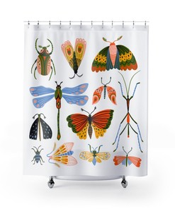 Watercolor Bug Lover Art Shower Curtain | Dragonfly Insect Moth Butterfly Bath Curtain