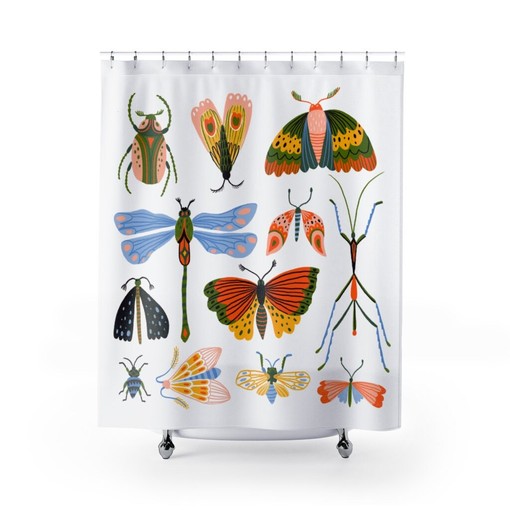 Watercolor Bug Lover Art Shower Curtain | Dragonfly Insect Moth Butterfly Bath Curtain