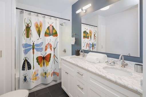 Watercolor Bug Lover Art Shower Curtain | Dragonfly Insect Moth Butterfly Bath Curtain - Image 2