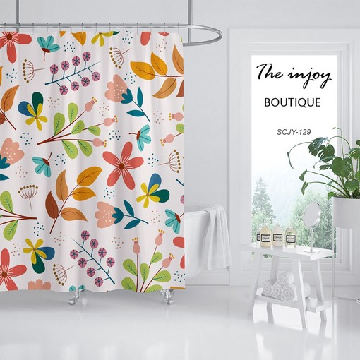 Watercolor Floral Shower Curtain with Hooks, Machine Washable, Durable Fabric - Image 2