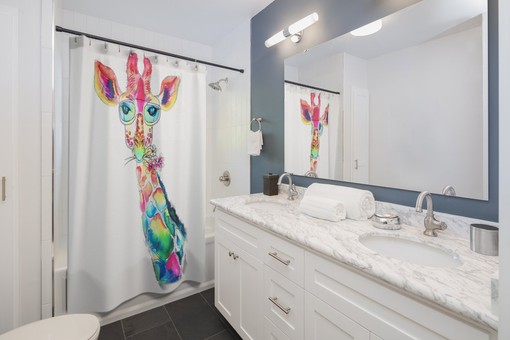 Watercolor Giraffe Shower Curtain | Animal Art | Fun Kids Bathroom Decor | Eco-Friendly Material - Image 2