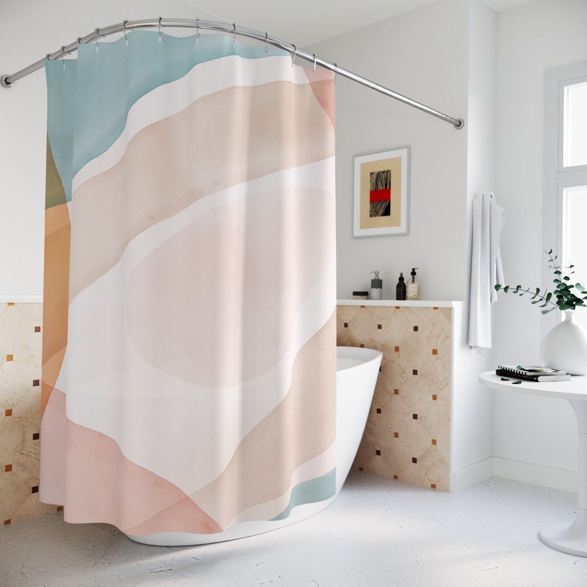 Watercolor Green Pink Abstract Art Shower Curtain with Warm Earth Colors Curtain for Customizable Bathroom Decor
