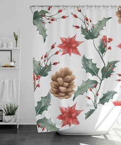 Watercolor Holiday Berry Cones Shower Curtain - Scenic and Boho Floral Bath Curtain