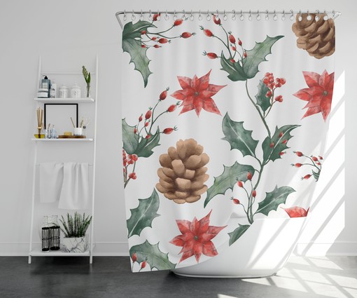 Watercolor Holiday Berry Cones Shower Curtain - Scenic and Boho Floral Bath Curtain