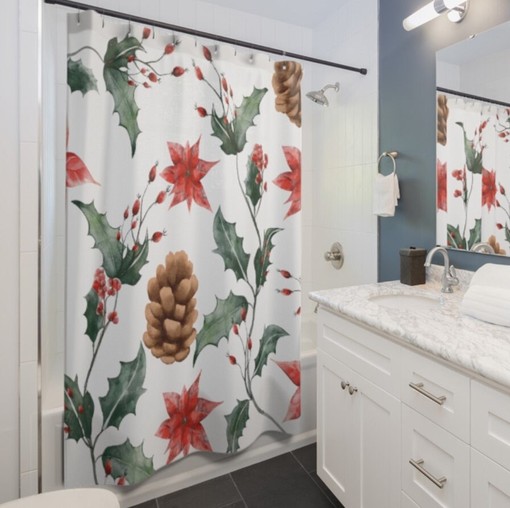 Watercolor Holiday Berry Cones Shower Curtain - Scenic and Boho Floral Bath Curtain - Image 2