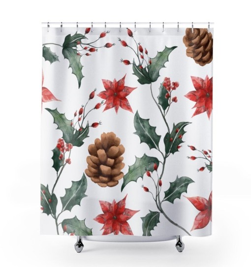 Watercolor Holiday Berry Cones Shower Curtain - Scenic and Boho Floral Bath Curtain - Image 3