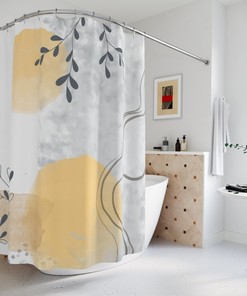 Watercolor Leaves Yellow Abstract Art Shower Curtain or Mat, Contemporary Bathroom Curtain