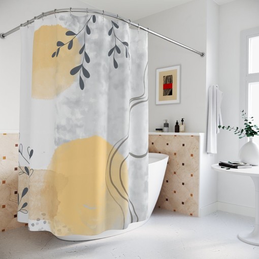 Watercolor Leaves Yellow Abstract Art Shower Curtain or Mat, Contemporary Bathroom Curtain
