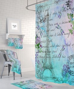 Watercolor Paris Shower Curtain with Eiffel Tower Post Card and Bath Set - Luxury Bathroom Decor