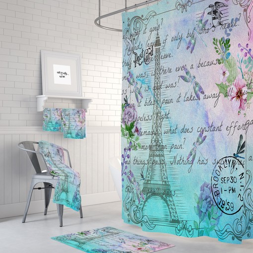 Watercolor Paris Shower Curtain with Eiffel Tower Post Card and Bath Set - Luxury Bathroom Decor