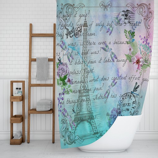 Watercolor Paris Shower Curtain with Eiffel Tower Post Card and Bath Set - Luxury Bathroom Decor - Image 2