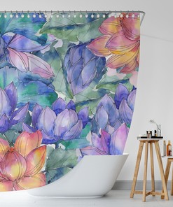 Waterproof Colorful Lotus Flower Shower Curtain, Quick Dry Bathroom Curtain