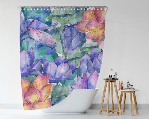 Waterproof Colorful Lotus Flower Shower Curtain, Quick Dry Bathroom Curtain