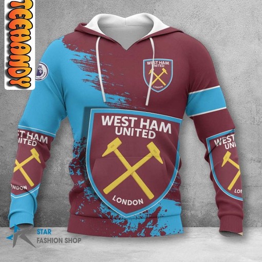 West Ham United FC Full Print 3D Hoodie with Club Logo for Soccer Lovers