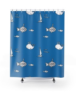 Whale Ocean Submarine Nautical Sailboat Print Shower Curtain for Coastal Bathroom Decor