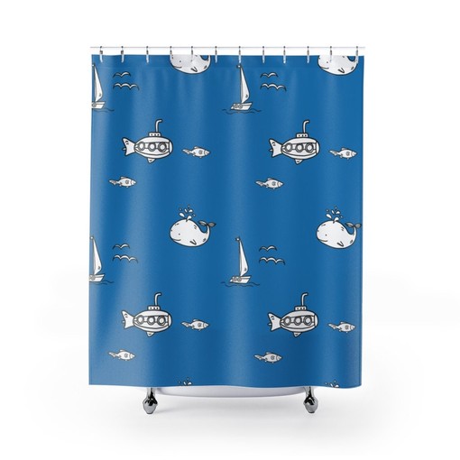 Whale Ocean Submarine Nautical Sailboat Print Shower Curtain for Coastal Bathroom Decor